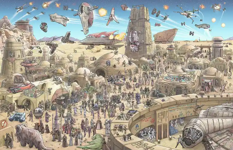 A detailed, bustling illustration of the Star Wars planet Tatooine, filled with desert buildings, crowds of diverse alien…