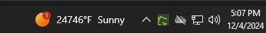 A dark-themed computer weather widget displays an absurdly high temperature of 24746°F alongside the word 'Sunny', with a…