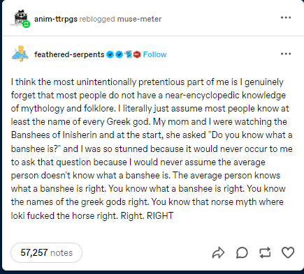 A screenshot of a Tumblr post where the user recounts being surprised that their mother didn't know what a banshee is…