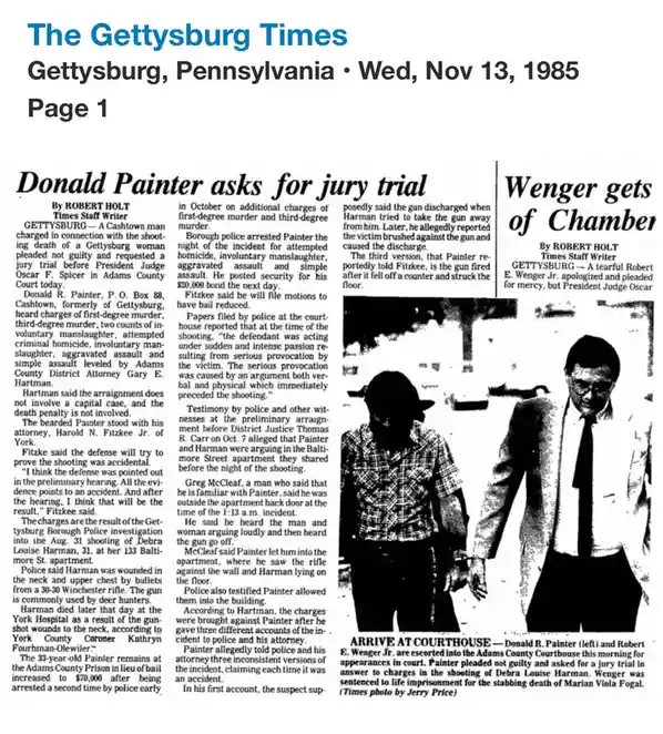 A black-and-white newspaper clipping from The Gettysburg Times dated November 13, 1985, shows two men, Donald R. Painter…