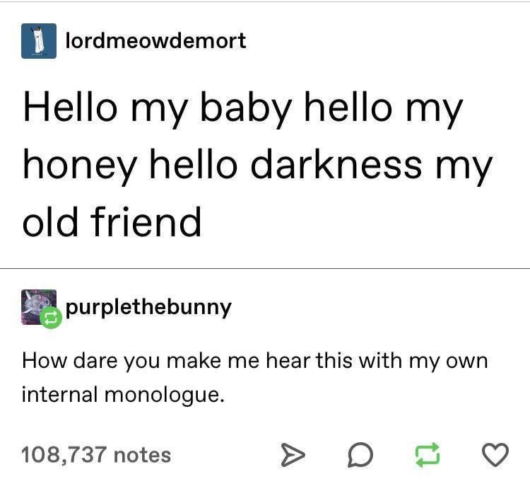 A screenshot of two Tumblr comments. The first, from 'lordmeowdemort', displays the lyrics 'Hello my baby hello my honey…