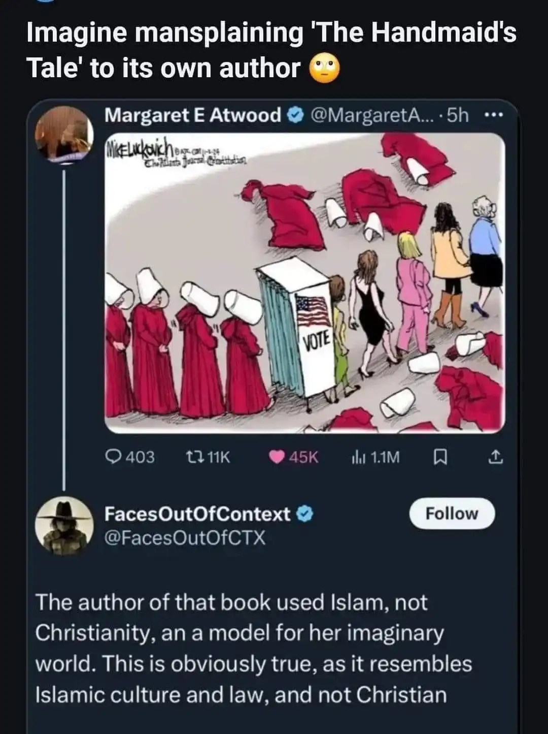 A screenshot of a tweet by 'FacesOutOfContext' shows a cartoon depicting women in red robes and white bonnets standing in…