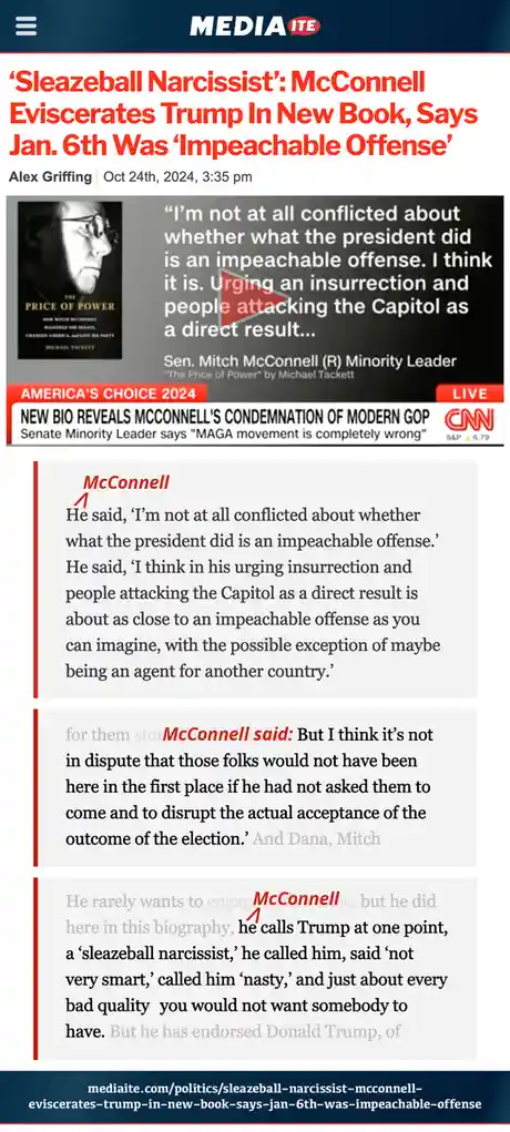 A screenshot of a Mediaite article about Mitch McConnell's new book, showing quotes where he calls Trump a 'sleazeball…