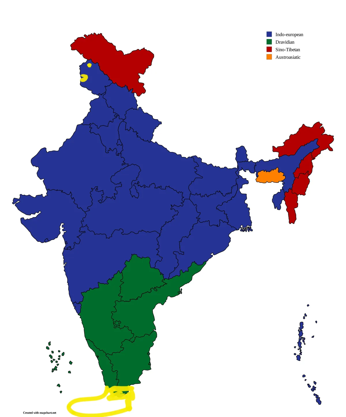 A map of India colored by linguistic family, with blue for Indo-European, green for Dravidian, red for Sino-Tibetan, and…