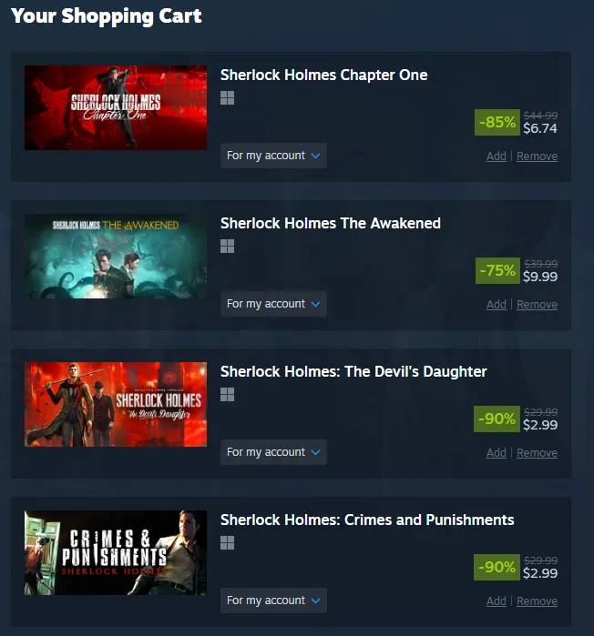A screenshot of a shopping cart interface listing four Sherlock Holmes video games with steep discounts. Each game has a…