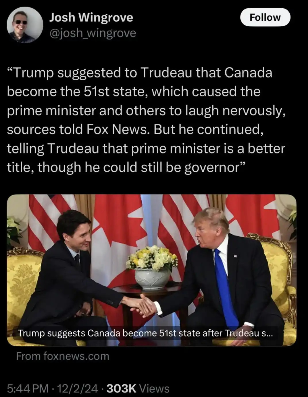 A screenshot of a tweet by Josh Wingrove showing a photo of Donald Trump and Justin Trudeau shaking hands. Behind them are…