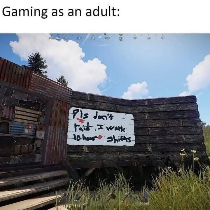 A screenshot from a video game showing a wooden structure with a hand-written sign that reads 'Pls don't raid. I work…