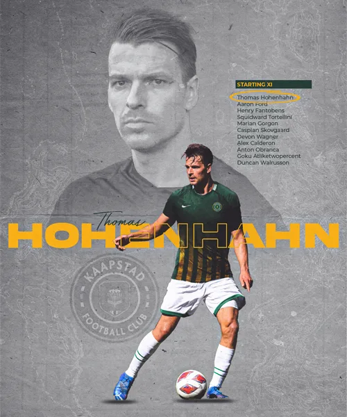A digitally altered football team lineup poster featuring a large portrait of Thomas Hohenhahn in the background and a…