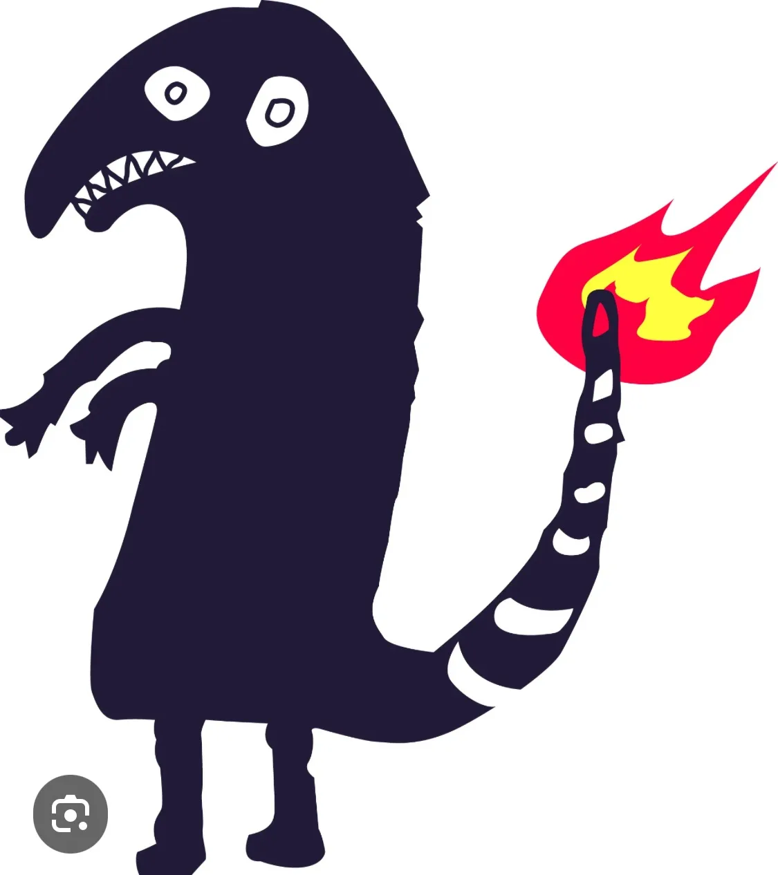 A dark, cartoonish monster with a long tail and sharp teeth holds a flaming torch in its right hand, looking surprised or…
