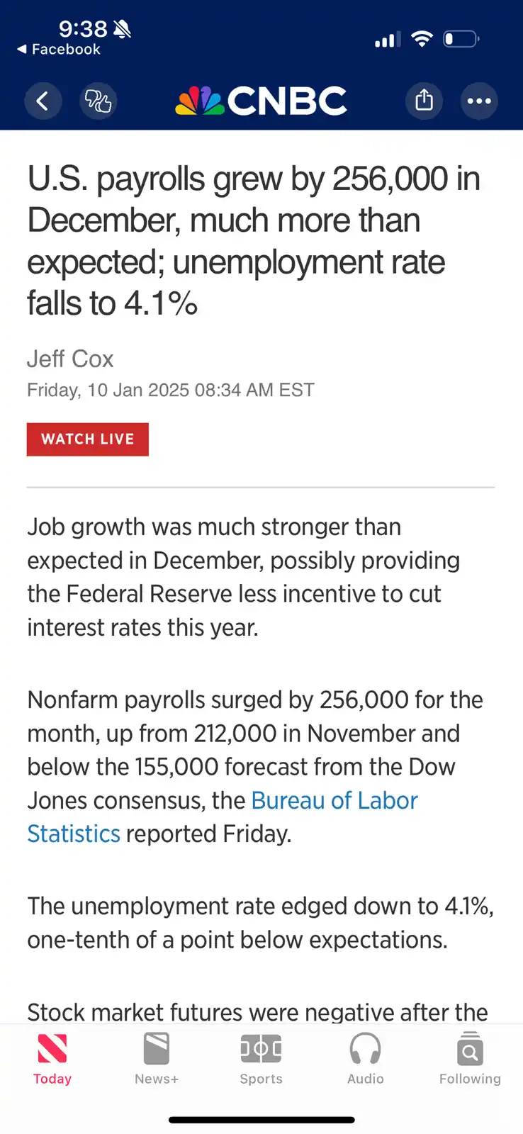 A screenshot of a CNBC news article on Facebook shows a headline reporting that U.S. payrolls grew by 256,000 in December…