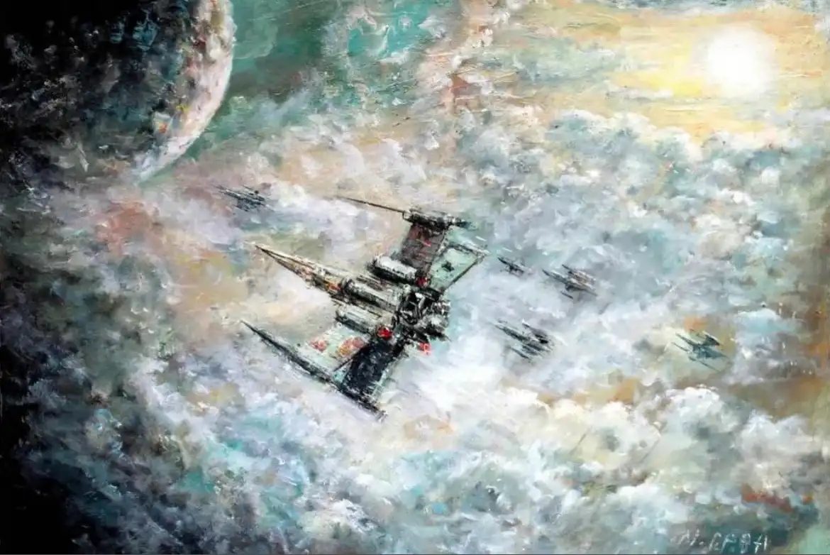 A dramatic, painterly space battle scene featuring a large starship with smaller fighters flying around it, set against a…