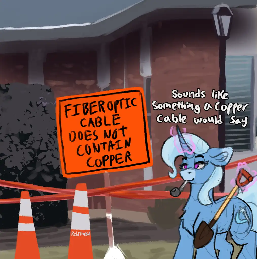 A blue cartoon unicorn with a pipe and shovel stands beside an orange construction sign that reads 'FIBEROPTIC CABLE DOES…