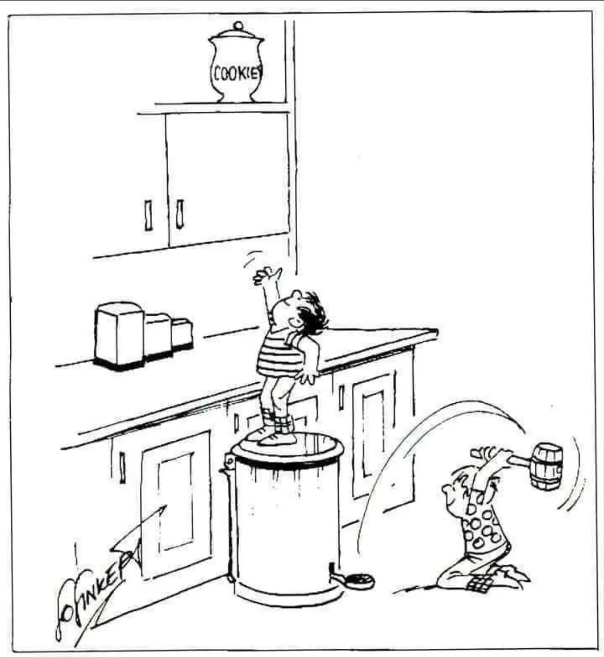 A black-and-white cartoon shows a child standing on a trash can, reaching up to a high shelf where a cookie jar labeled…