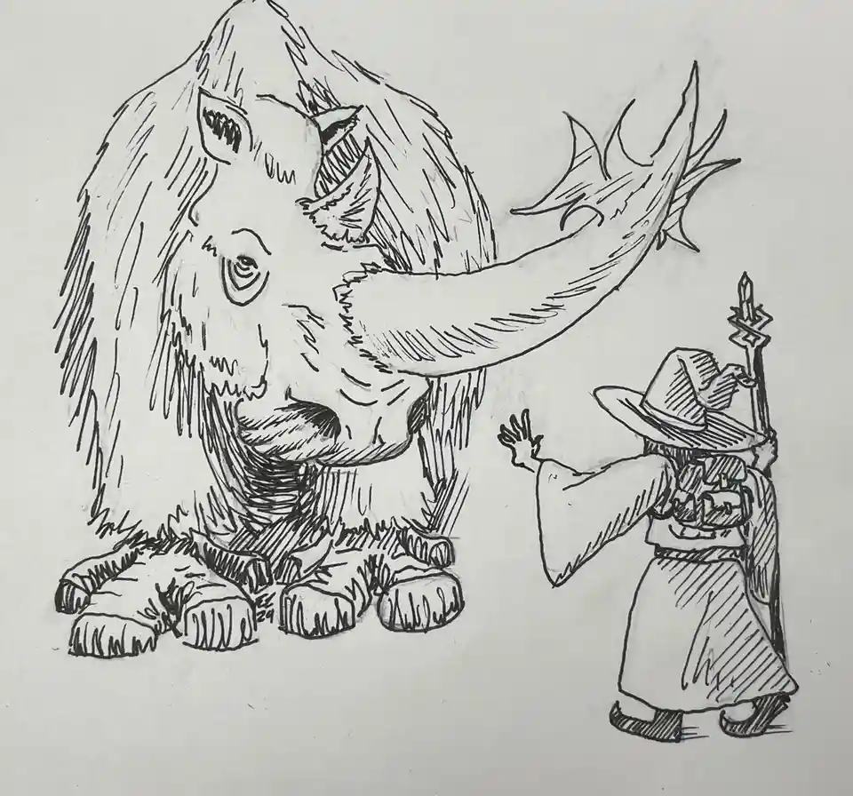 A black-and-white sketch shows a large, furry mammoth with a long trunk and tusks, gently touching a small, robed figure…