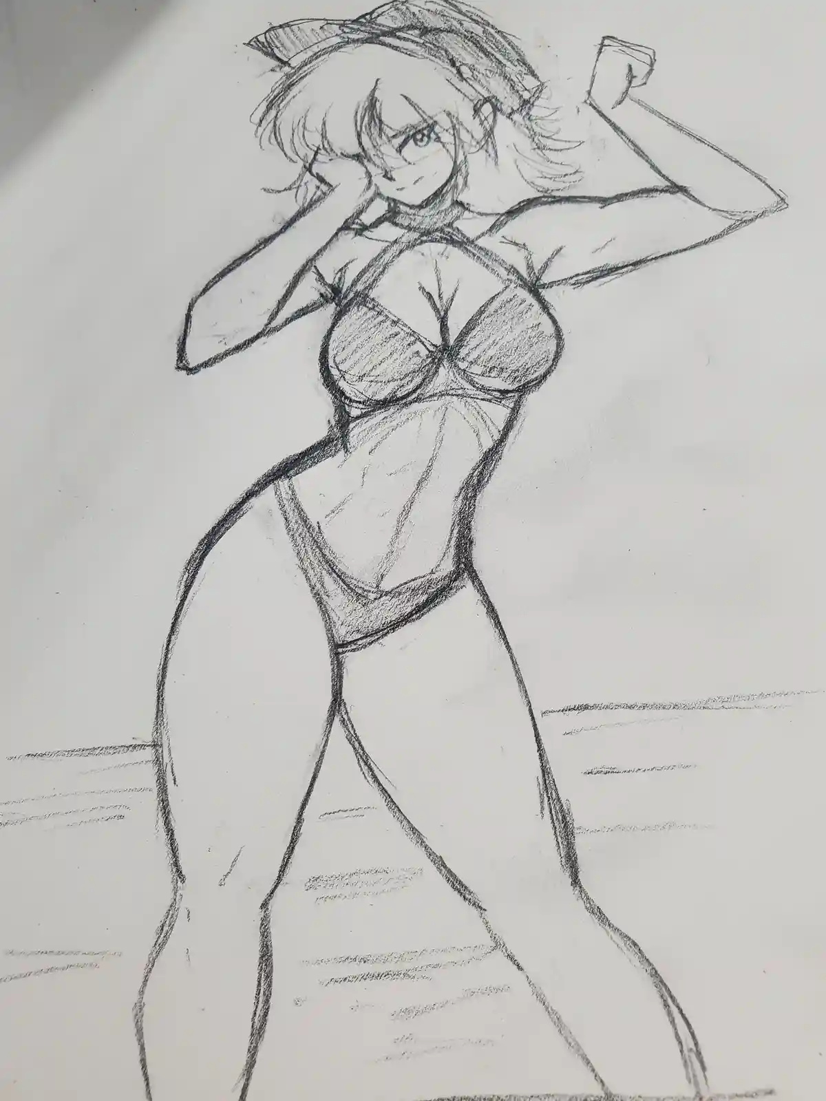 A black-and-white pencil sketch of an anime-style female character in a bikini, striking a pose with one arm raised and the…