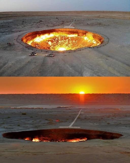 The image is split into two panels. The top panel shows a large, fiery crater with flames visible, surrounded by a fence and…