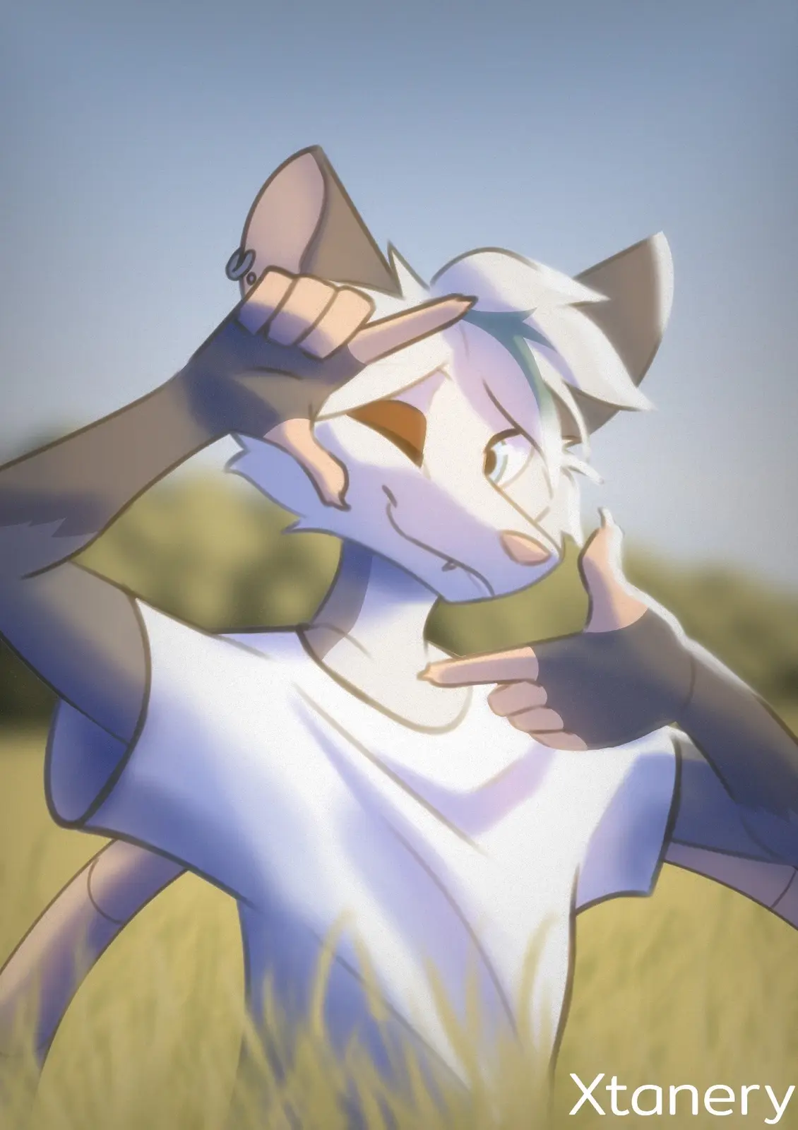 An anime-style anthropomorphic fox with white and light purple fur, wearing a white t-shirt and green scarf, stands in a…