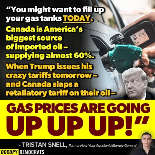 A meme image shows a hand pumping gas into a car, with a photo of Donald Trump superimposed. Overlaid text warns that due to…