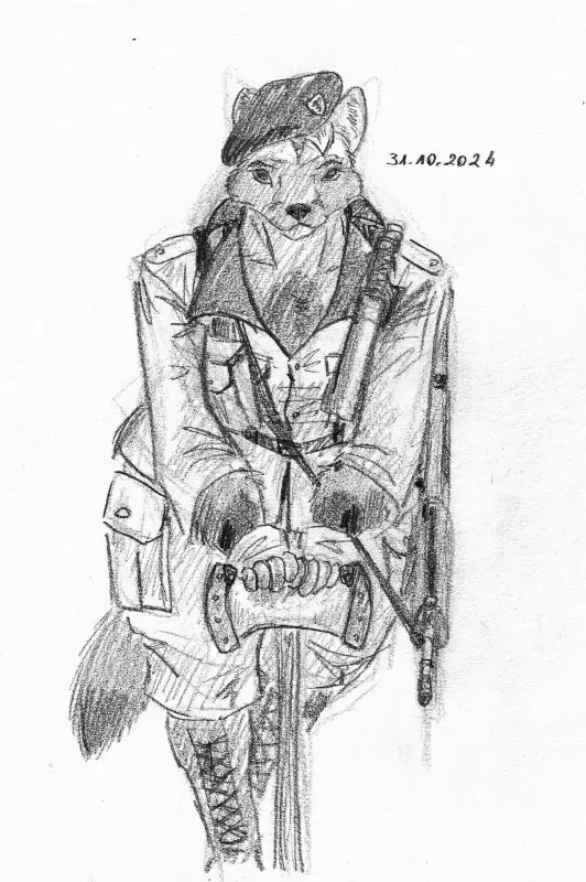 A pencil sketch depicts an anthropomorphic fox wearing a military uniform, beret, and holding a sword. The fox stands…