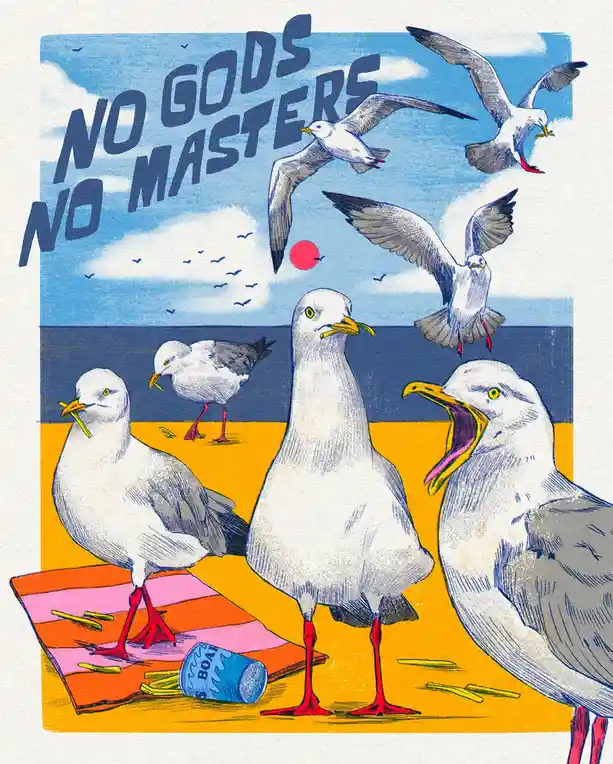 An illustrated beach scene features several seagulls, some standing on a striped towel next to a spilled can of BOAT brand…