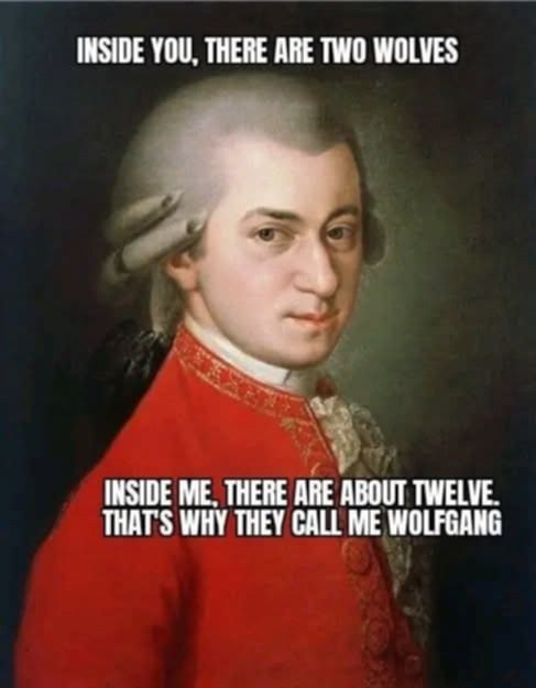 A classical portrait of a man in a red coat and powdered wig, overlaid with text. The top text reads 'INSIDE YOU, THERE ARE…