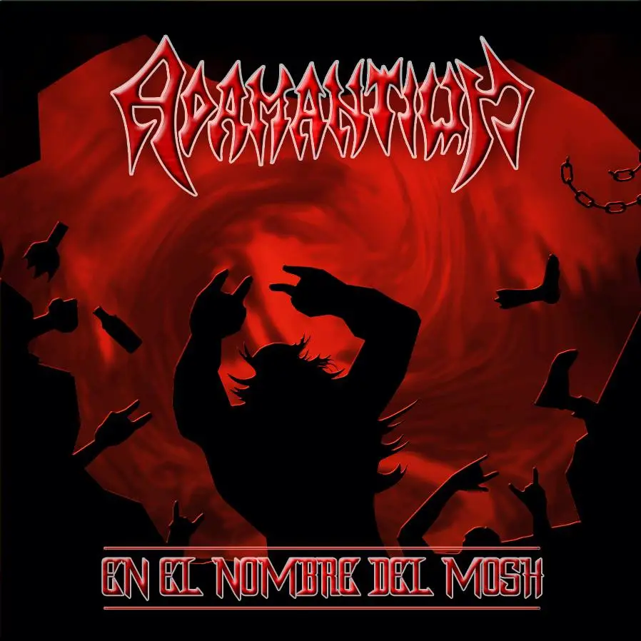 A dark red album cover features a central black silhouette of a person with spiky hair making devil horns, surrounded by…