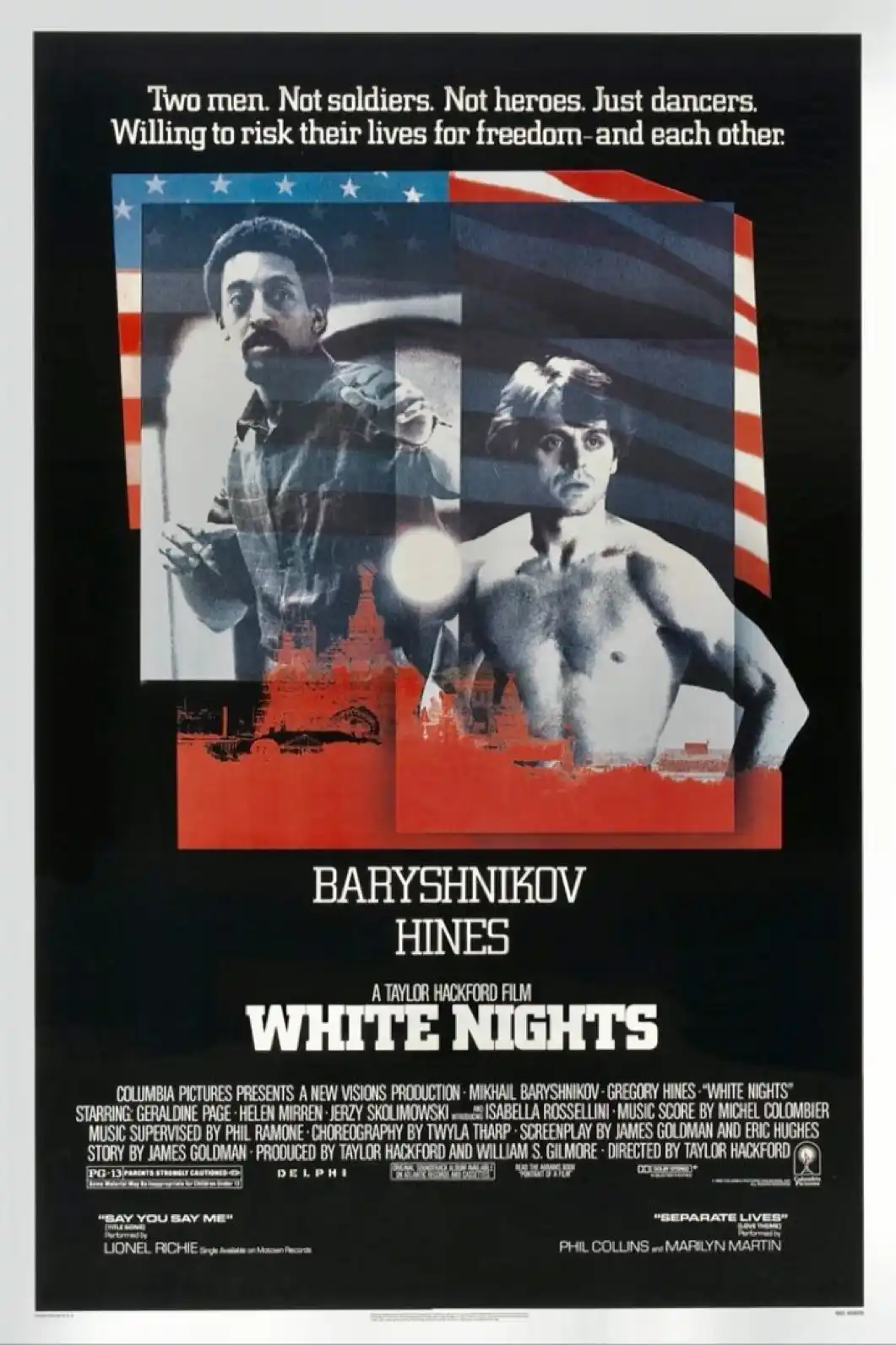 This is a movie poster for 'White Nights' featuring two male dancers, Mikhail Baryshnikov and Gregory Hines, against an…