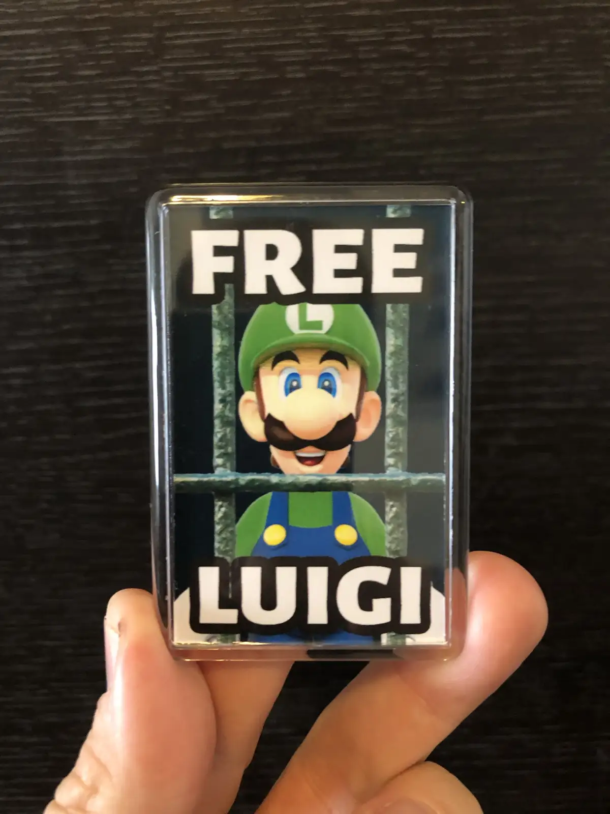 A hand holds a rectangular magnet featuring the video game character Luigi, depicted smiling behind prison bars. The word…
