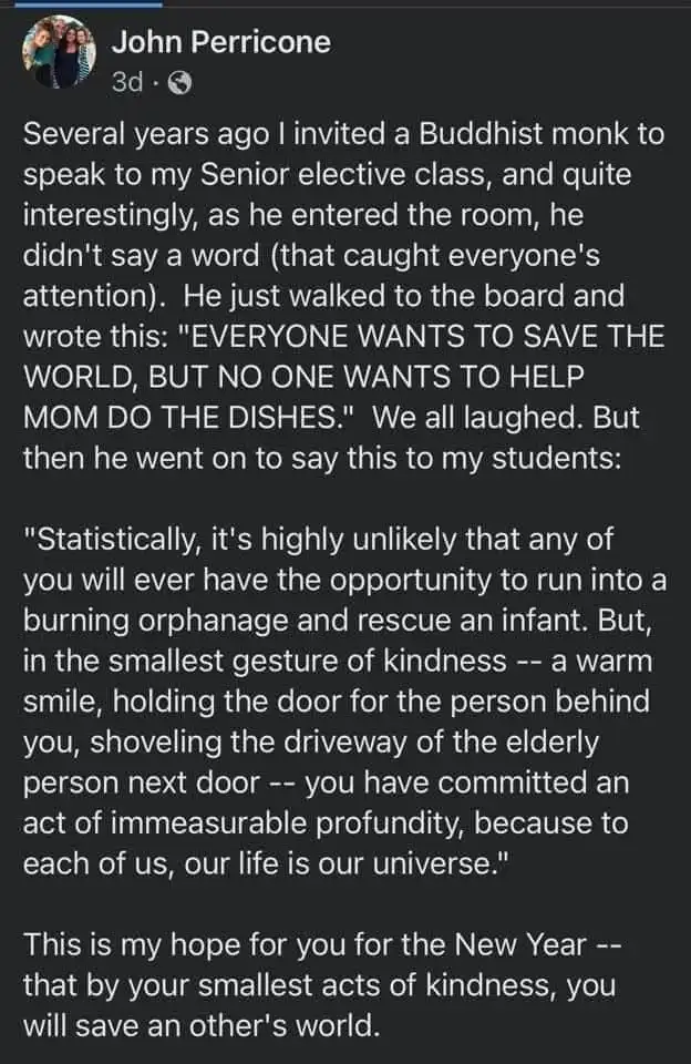 A screenshot of a Facebook post by John Perricone detailing a Buddhist monk's speech to his senior class. The monk wrote on…