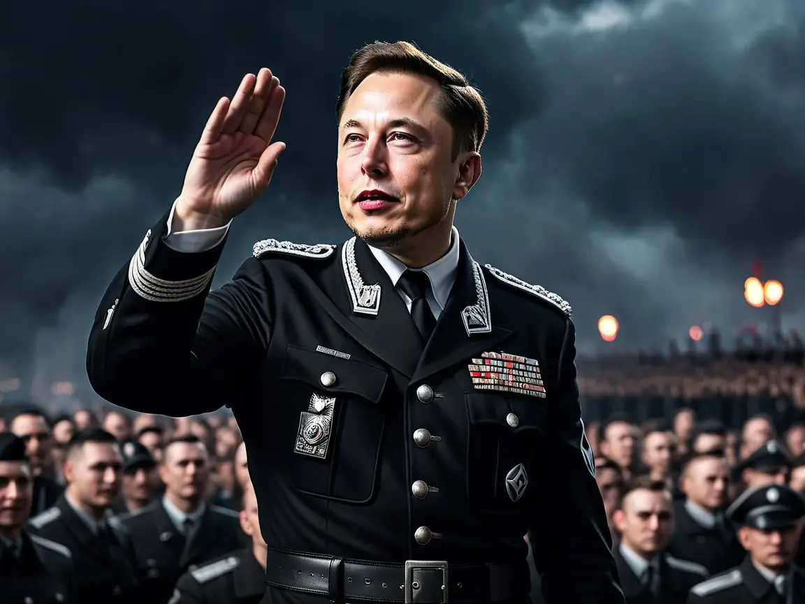 An image of Elon Musk digitally altered to appear in a dark, ornate military uniform with medals and insignia, raising his…