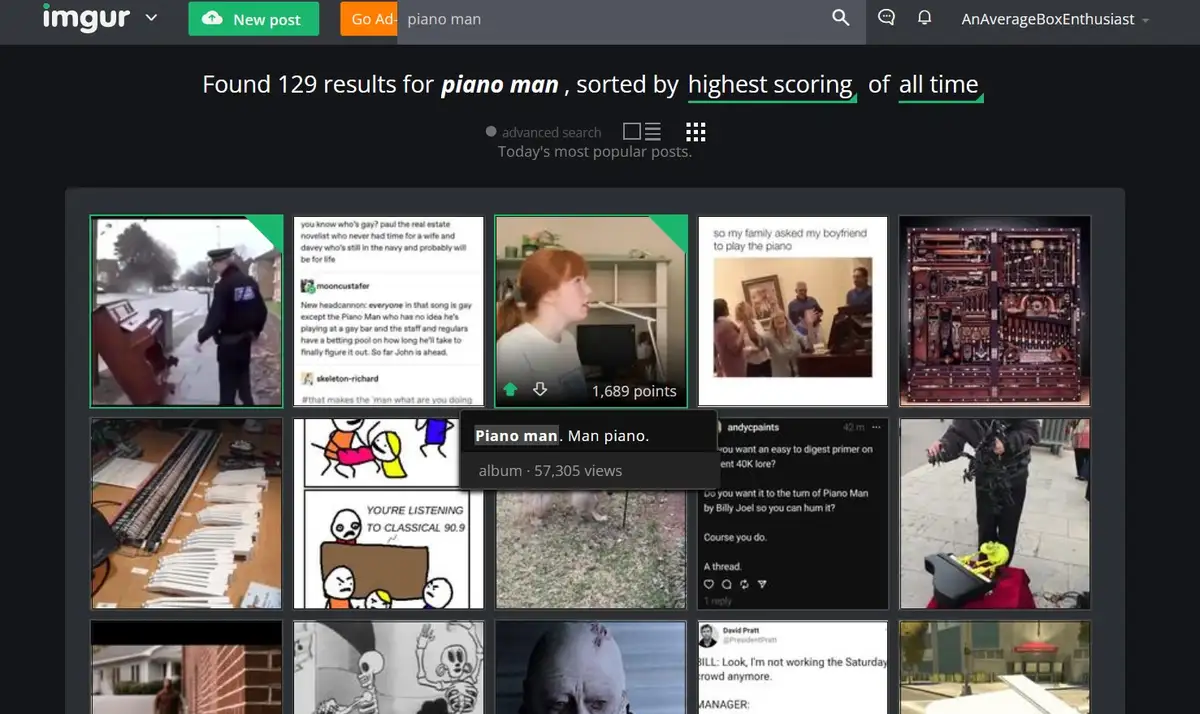 An Imgur search results page for 'piano man' shows a highlighted album titled 'Piano man. Man piano.' with 57,305 views. The…
