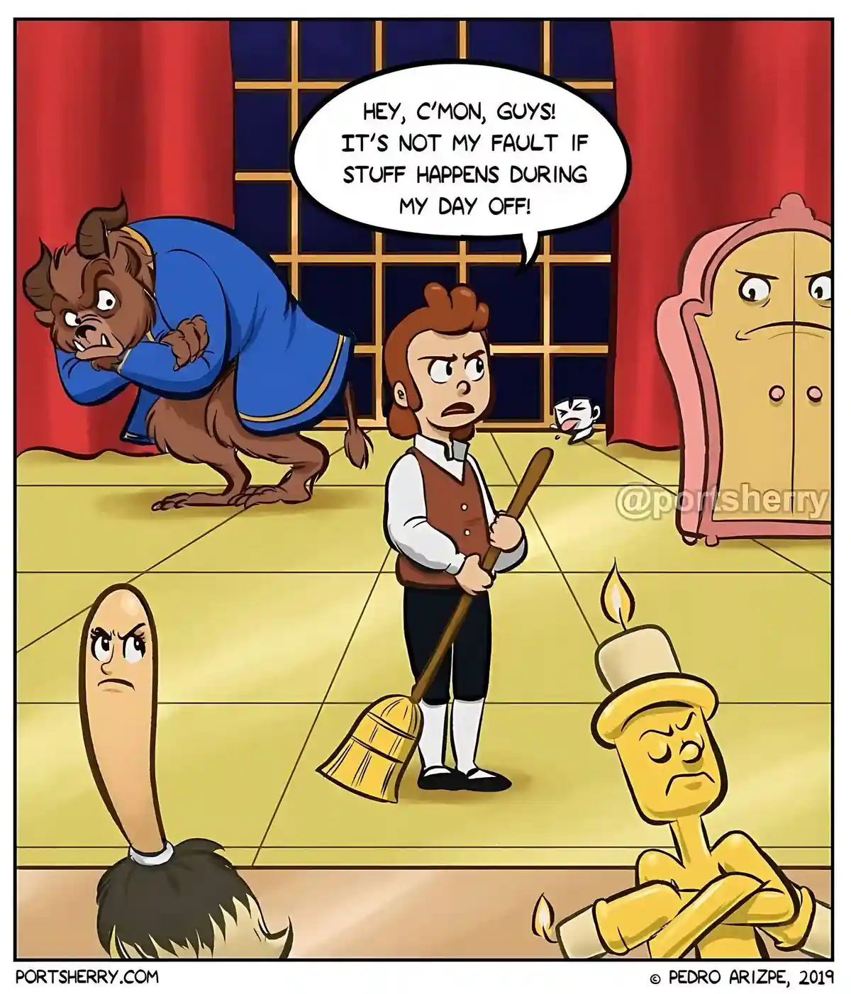 A cartoon scene from Beauty and the Beast shows the Beast in a blue robe crouching angrily, while a human servant holds a…
