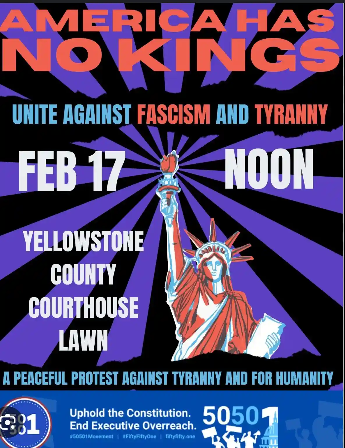 A protest poster features a stylized Statue of Liberty against a purple and black sunburst background. Large text declares…