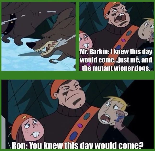 A two-panel meme from the animated series 'The Wild Thornberrys' showing Mr. Barkin and Ron reacting to a large, menacing…