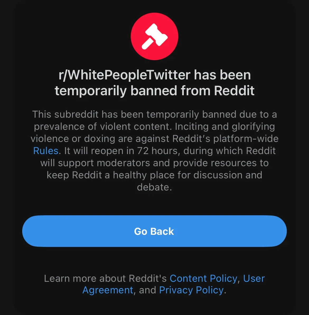 A screenshot of a Reddit temporary ban notification for the subreddit r/WhitePeopleTwitter. The message states the ban is…