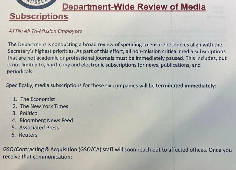 A government document titled 'Department-Wide Review of Media Subscriptions' lists six major news organizations — The…