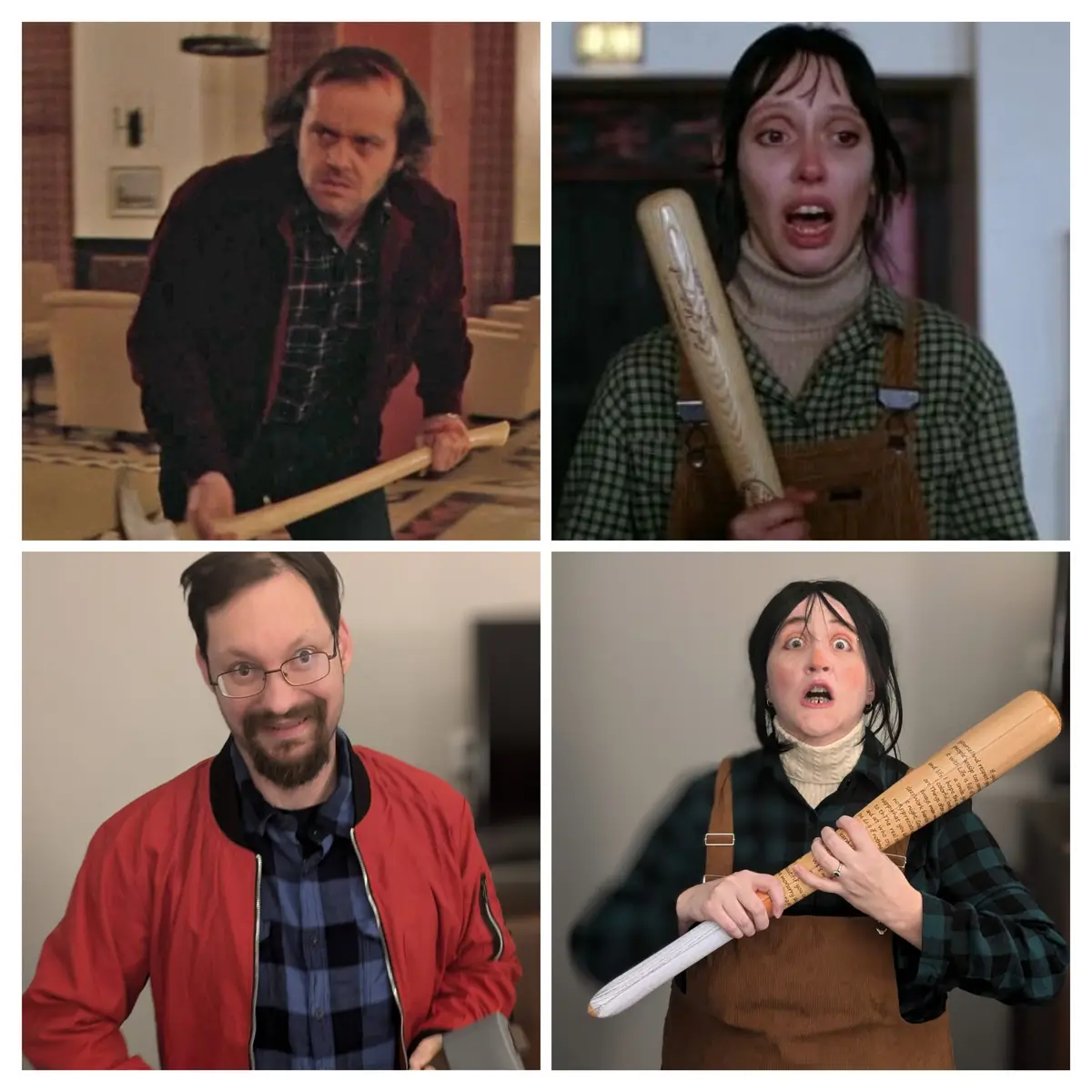 A four-panel meme collage shows Jack Nicholson as the menacing 'Willy Wonka' character from 'The Shining' holding a baseball…