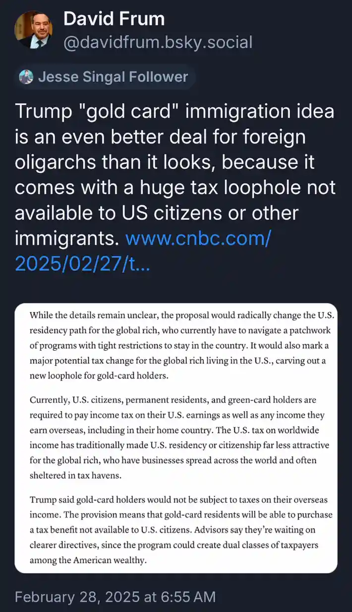 A screenshot of a social media post by David Frum discussing a proposed Trump 'gold card' immigration plan that allegedly…