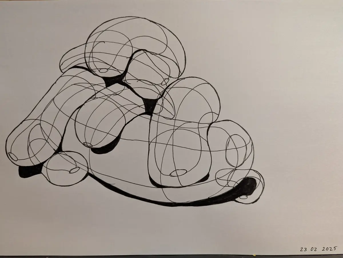 A black-and-white line drawing on white paper depicts a tangled, abstract mass of overlapping circles and curved lines…