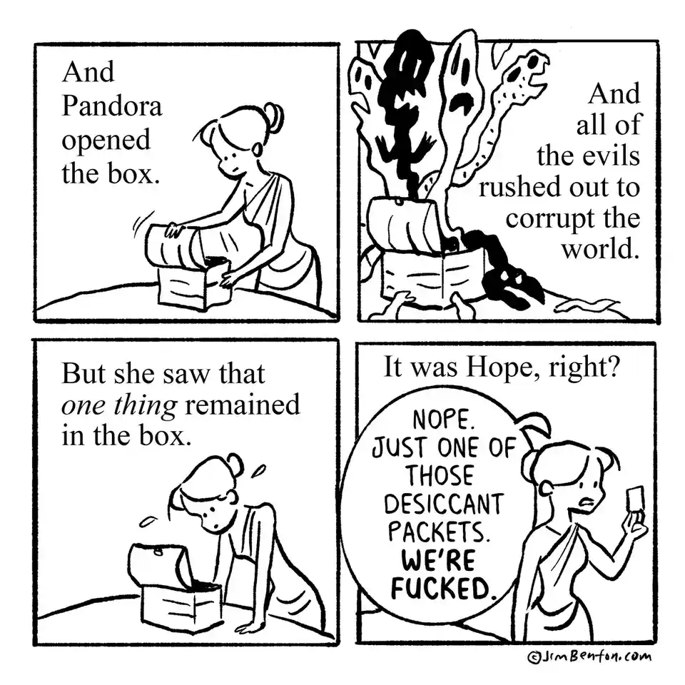 A four-panel comic strip depicts Pandora opening a box, releasing monsters, then finding only a desiccant packet instead of…
