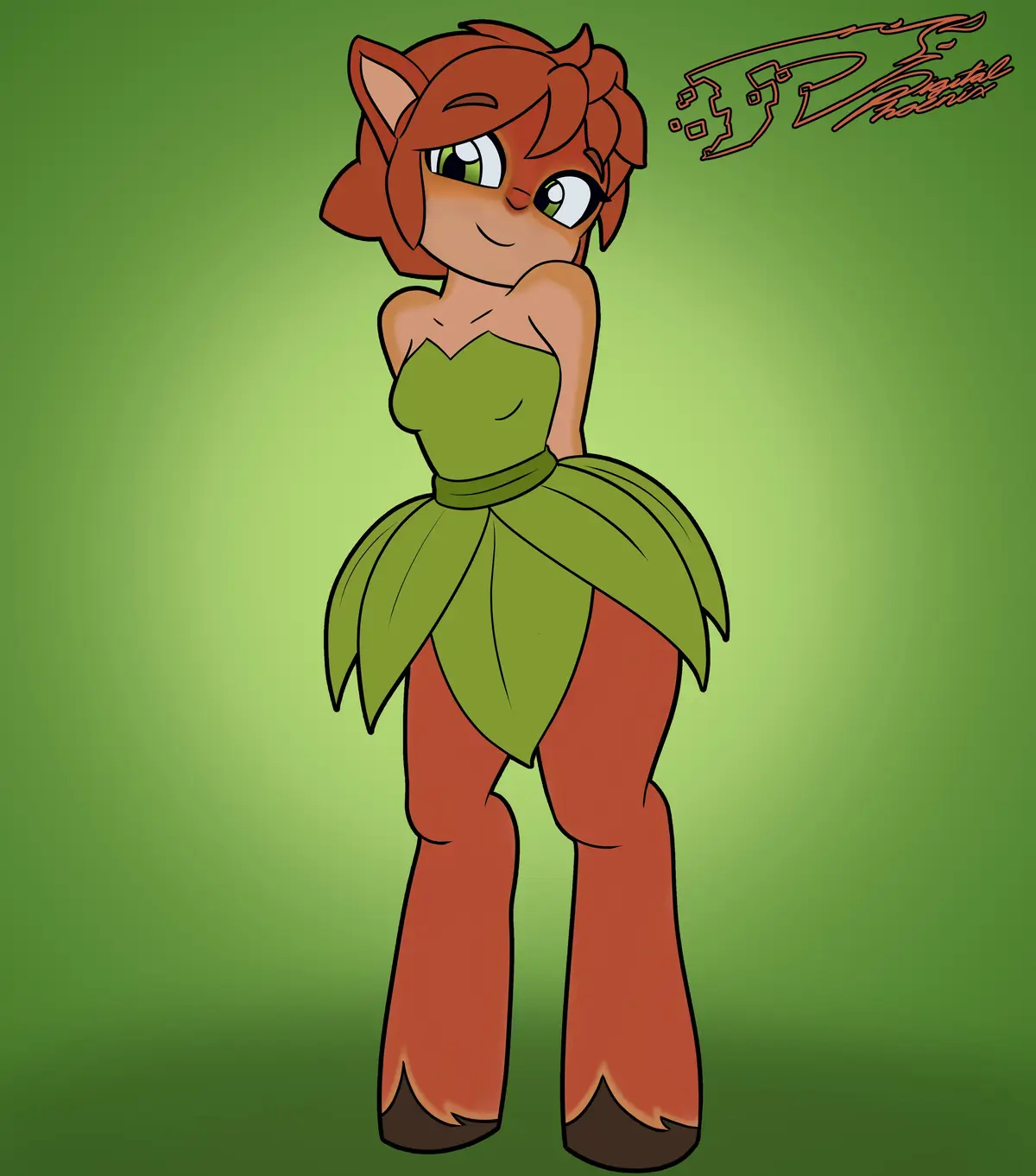 A cartoon pony with reddish-brown fur and green eyes wears a leafy green dress against a solid green background. The…