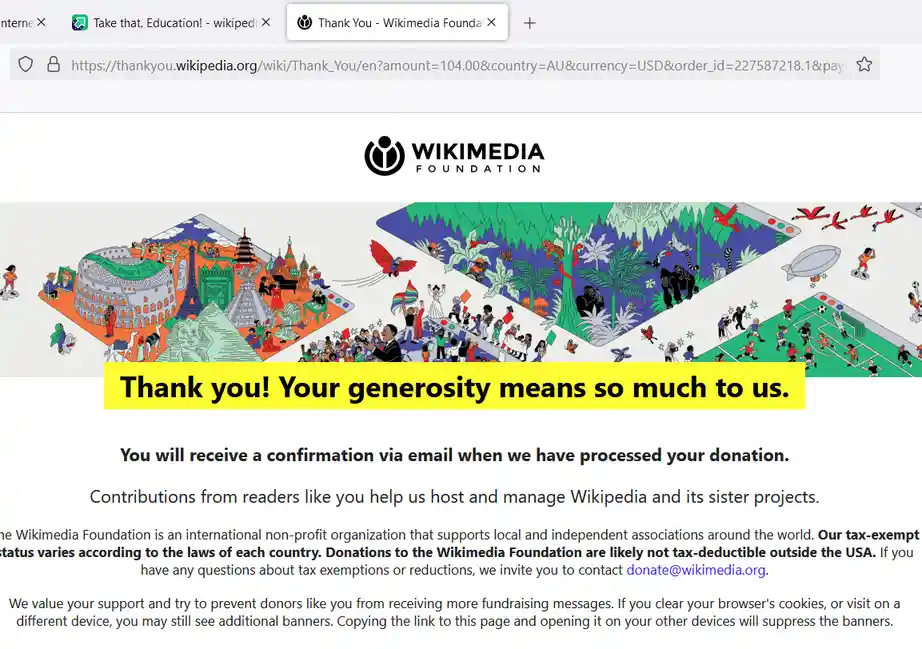 A screenshot of the Wikimedia Foundation's donation thank-you page, featuring a colorful illustration of global landmarks…