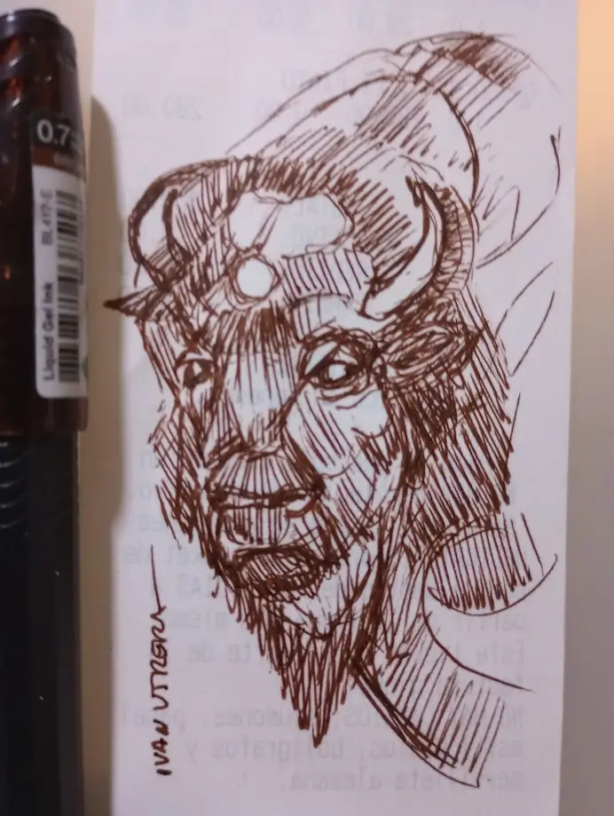 A hand-drawn sketch in brown ink on paper shows a man with a beard, horned helmet, and intense gaze. A brown pen labeled…