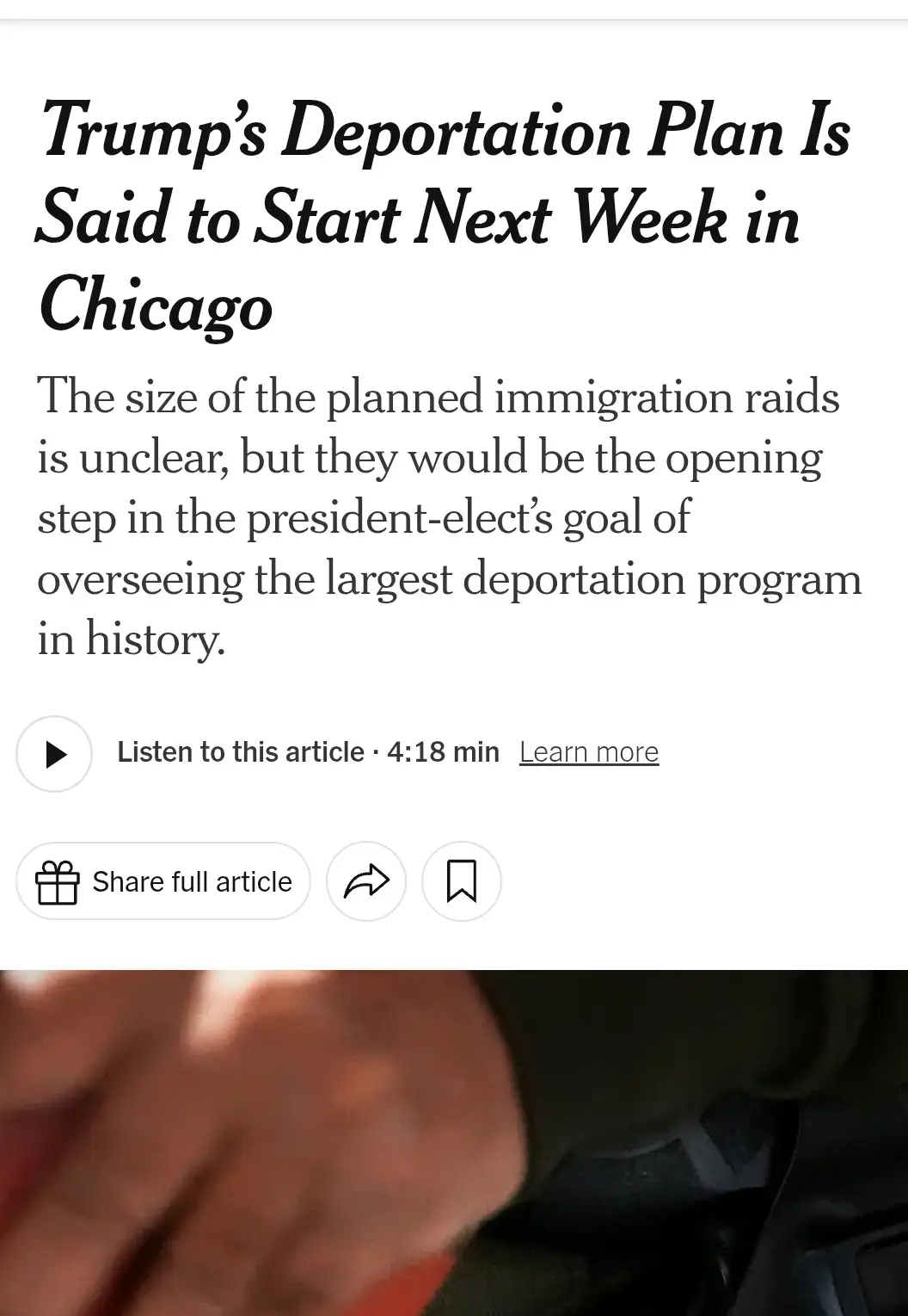 The image displays a screenshot of a news article headline stating 'Trump's Deportation Plan Is Said to Start Next Week in…