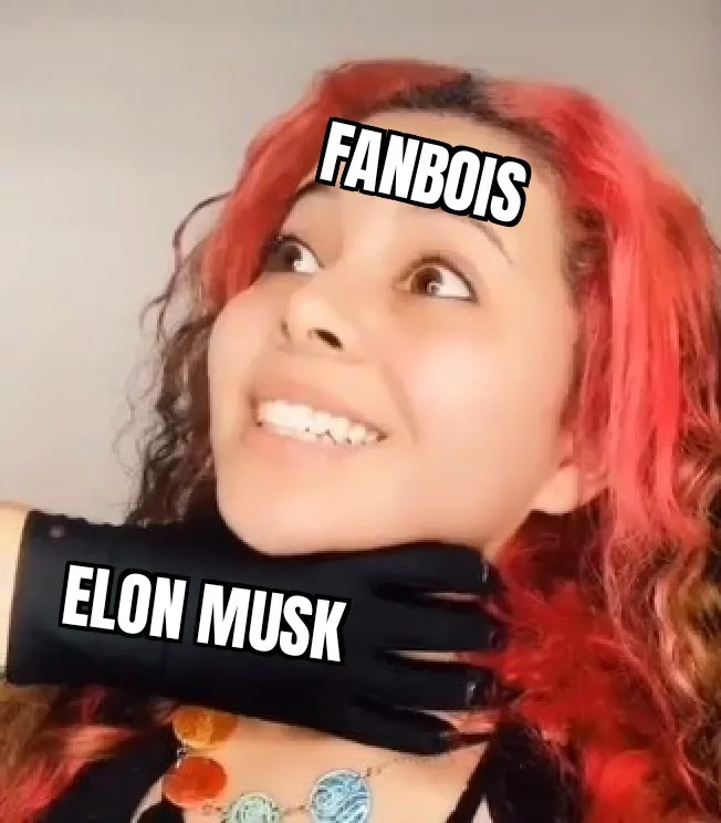 A woman with red hair and a wide smile looks upward, her neck gripped by a black-gloved hand. The text 'FANBOIS' is above…