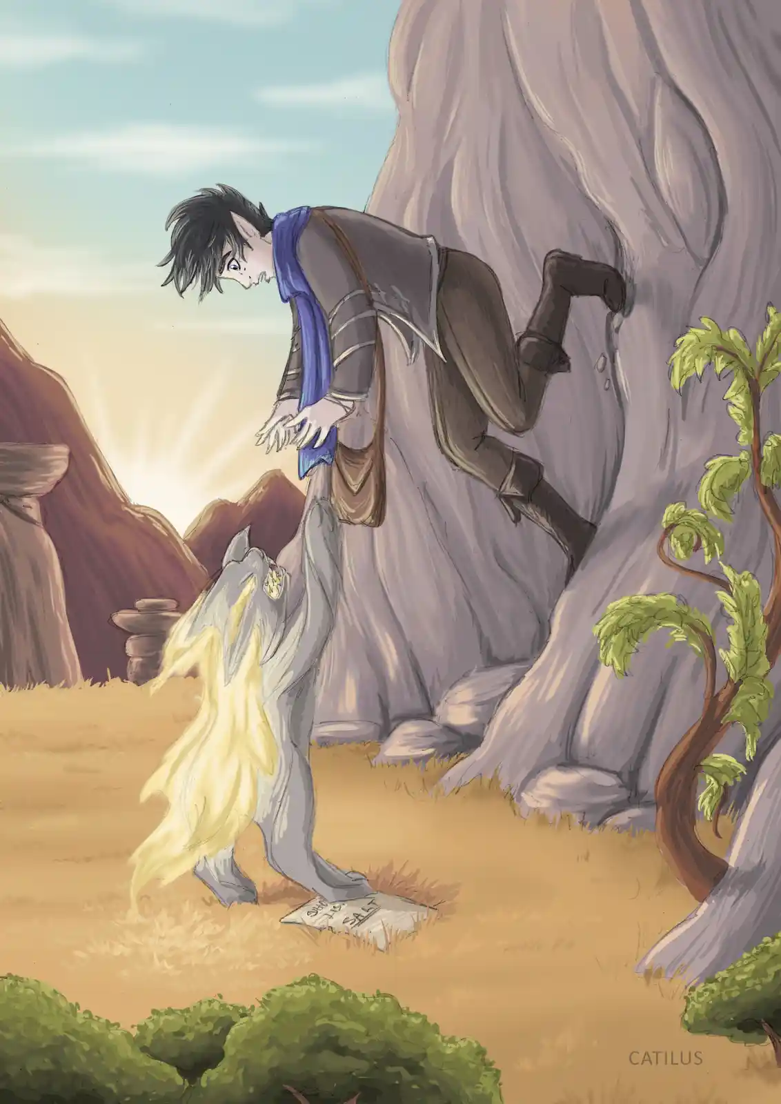 An anime-style elf-like character in armor and a blue scarf is climbing a large rock face, looking down at a grey wolf with…