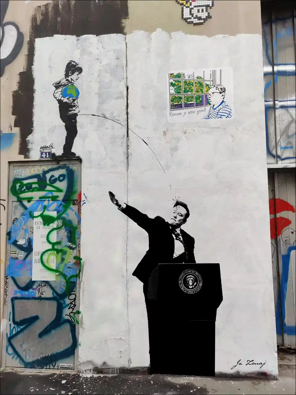 A street art mural shows a black-and-white silhouette of Elon Musk at a podium with the U.S. presidential seal, gesturing…