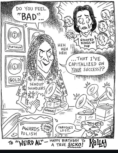 A black-and-white cartoon shows Weird Al Yankovic smiling while holding a Grammy award, surrounded by platinum and gold…