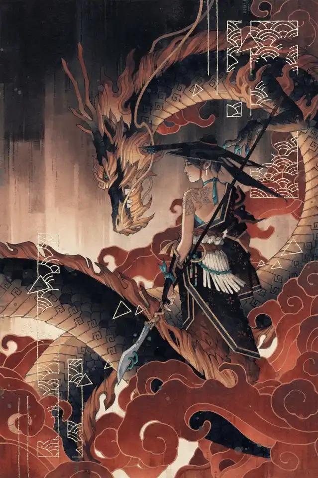 A stylized illustration depicts a woman in traditional East Asian warrior attire, holding a sword and standing confidently…