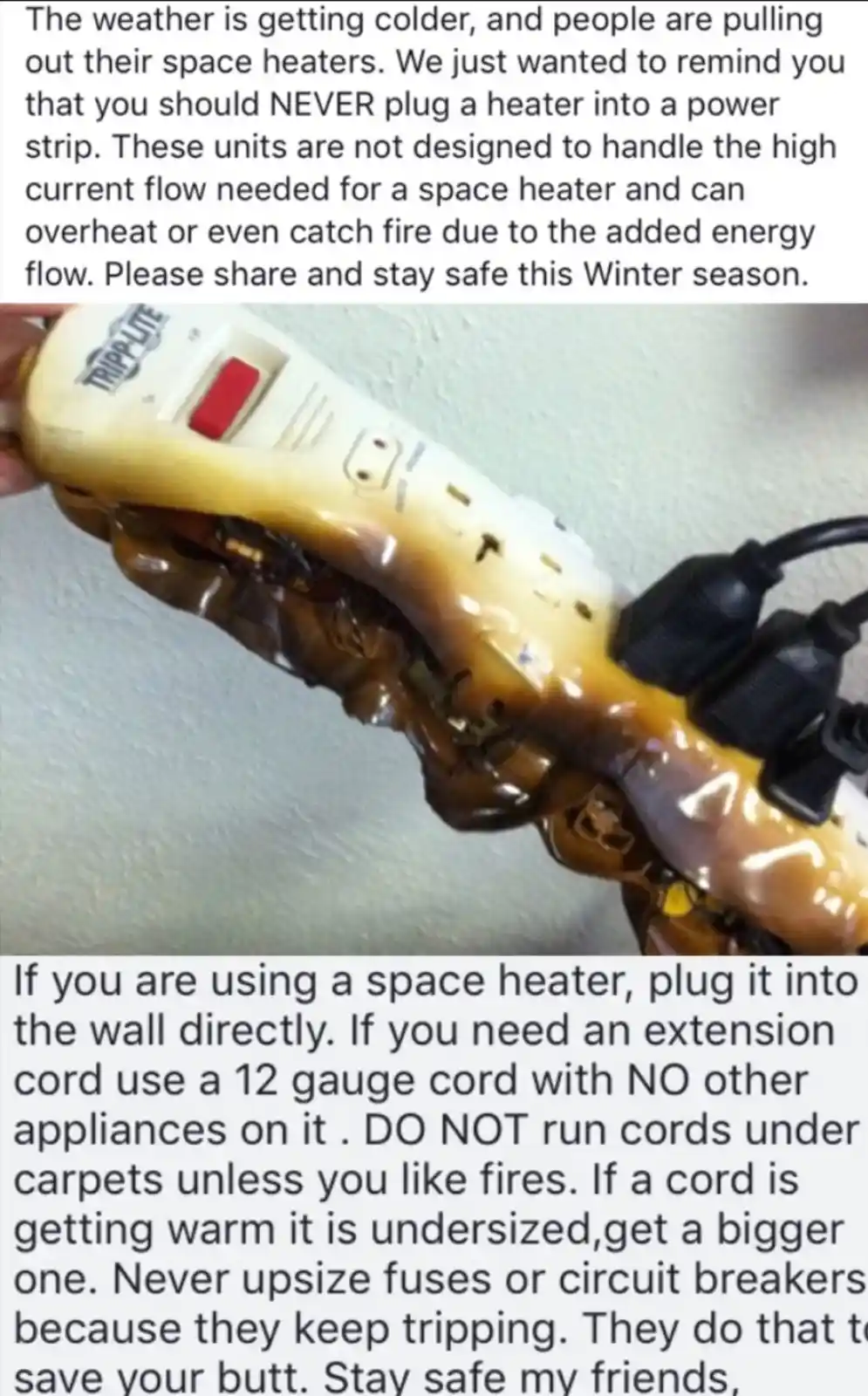 A severely melted and charred Tripp Lite power strip, visibly melted and dripping, with several plugs still inserted, is…